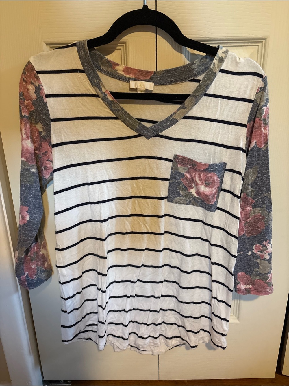 Charming Charlie White Black Striped V-Neck Top with Floral Sleeves